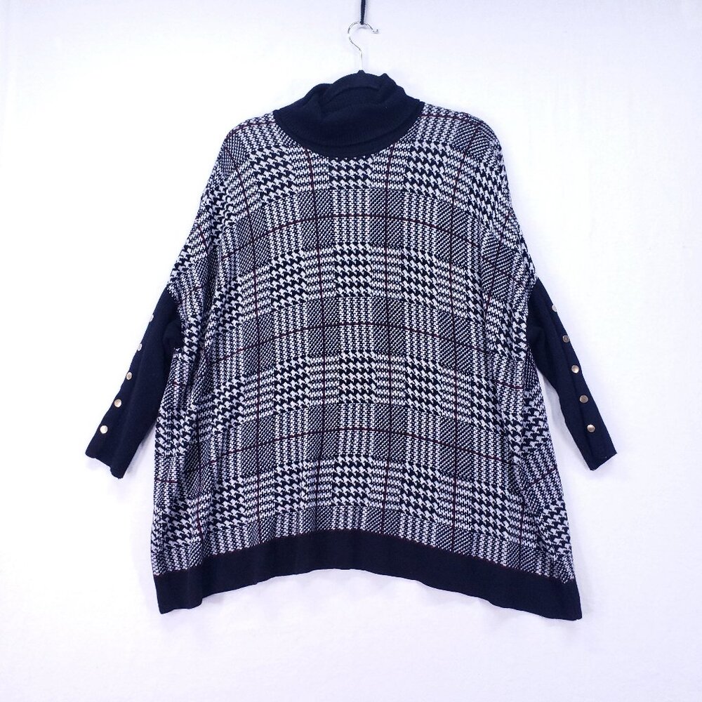 Joseph A Women Black and White Plaid Turtleneck Pullover Poncho Sweater Size XL